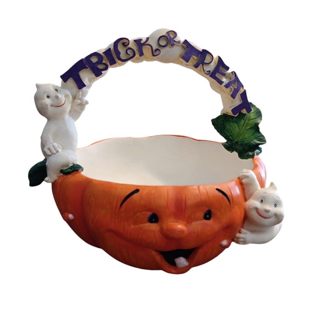 Trick Treat Halloween Jack-O-Lantern Pumpkin Ghosts Candy Dish Basket Vtg 6.5"w